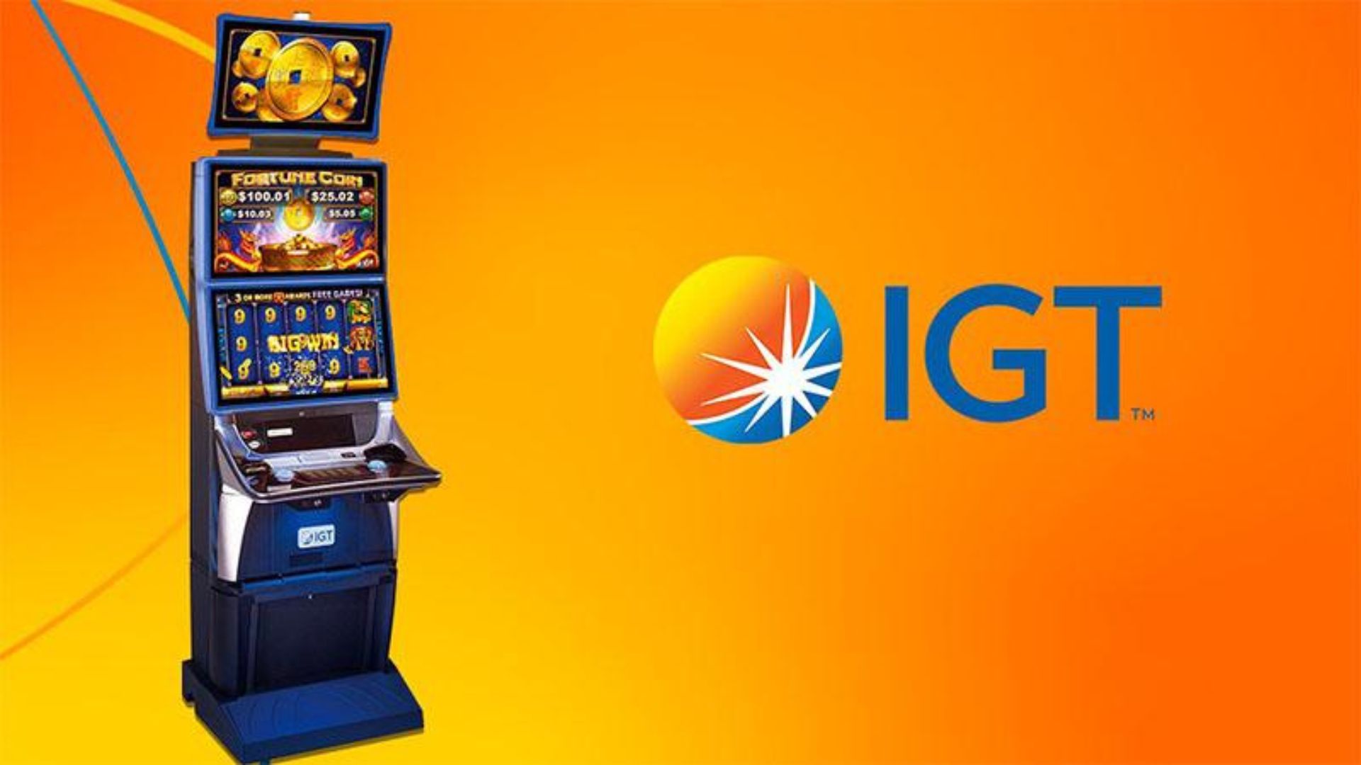 A Picture with  Orange Background, a Slot Machine and the IGT Icon 