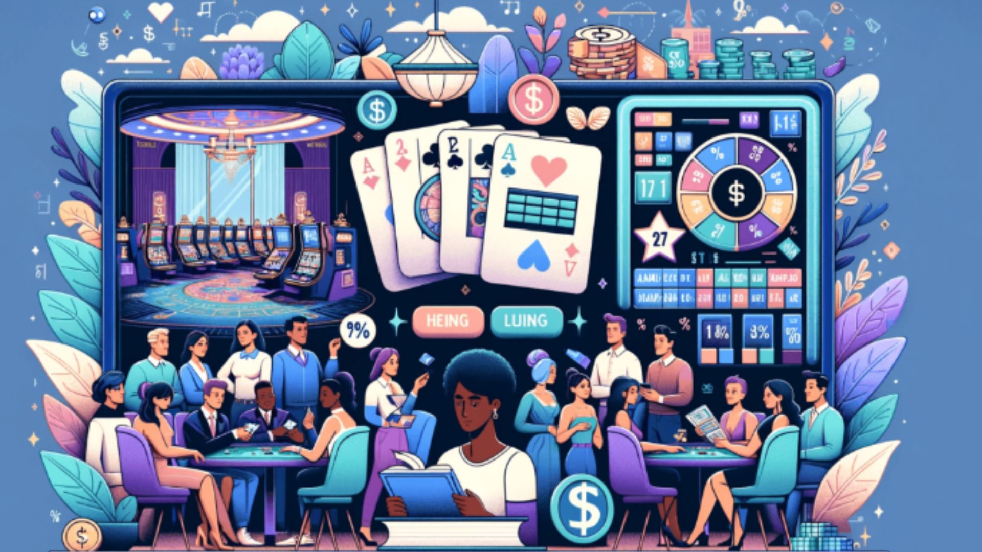 An Animated Picture of People Siiting on Tables and Cards 